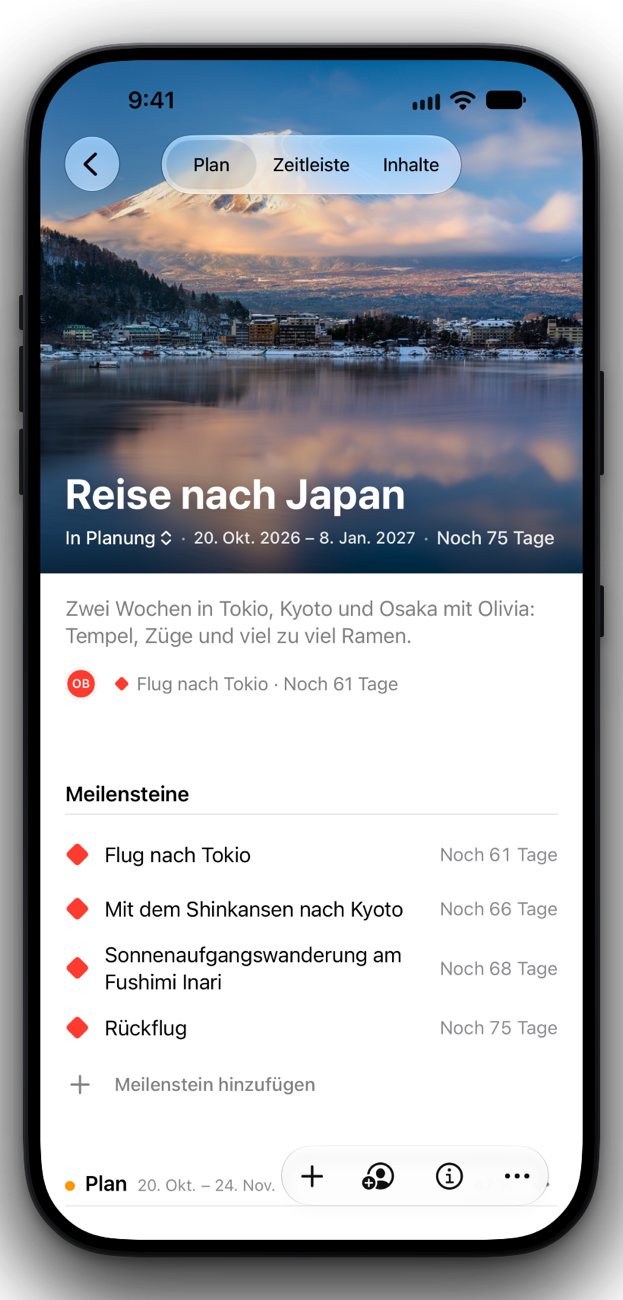 Die Projektseite „Reise nach Japan“ auf dem iPhone