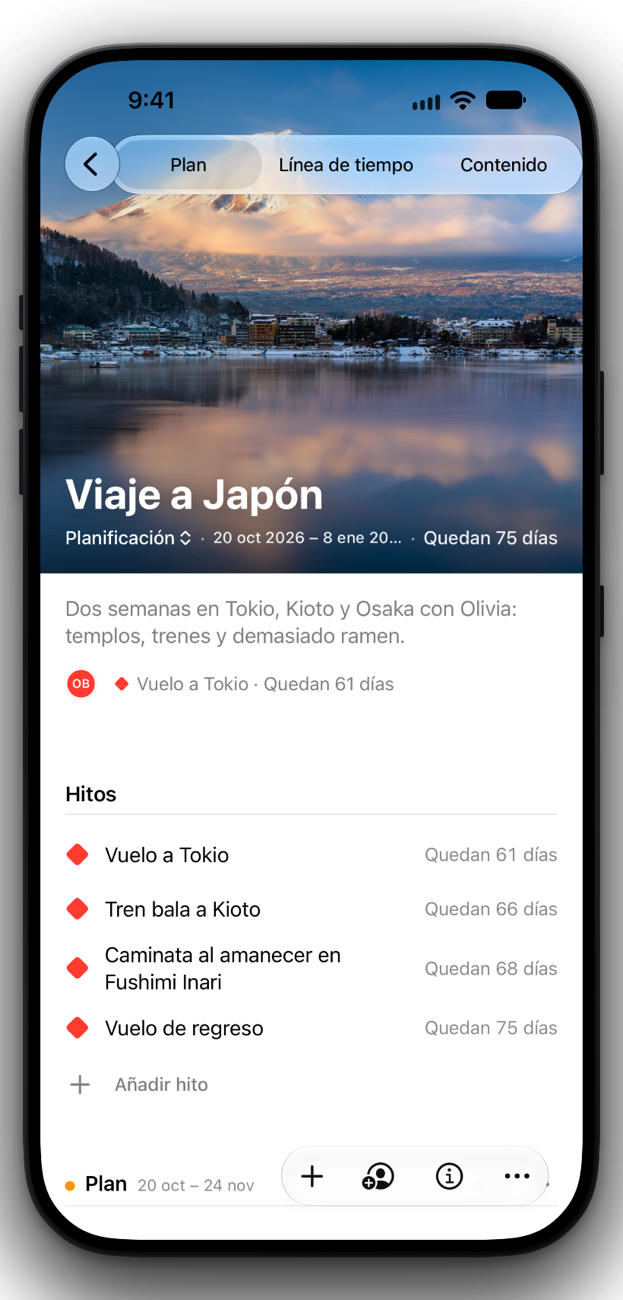 La página del proyecto «Viaje a Japón» en el iPhone