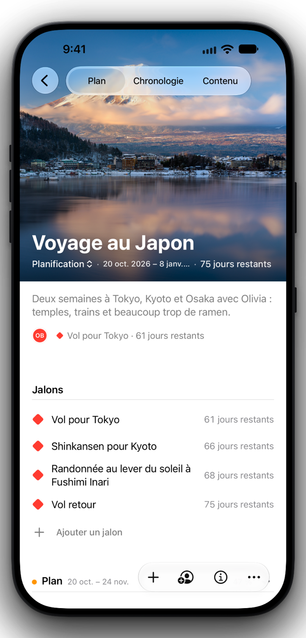 La page du projet « Voyage au Japon » sur iPhone