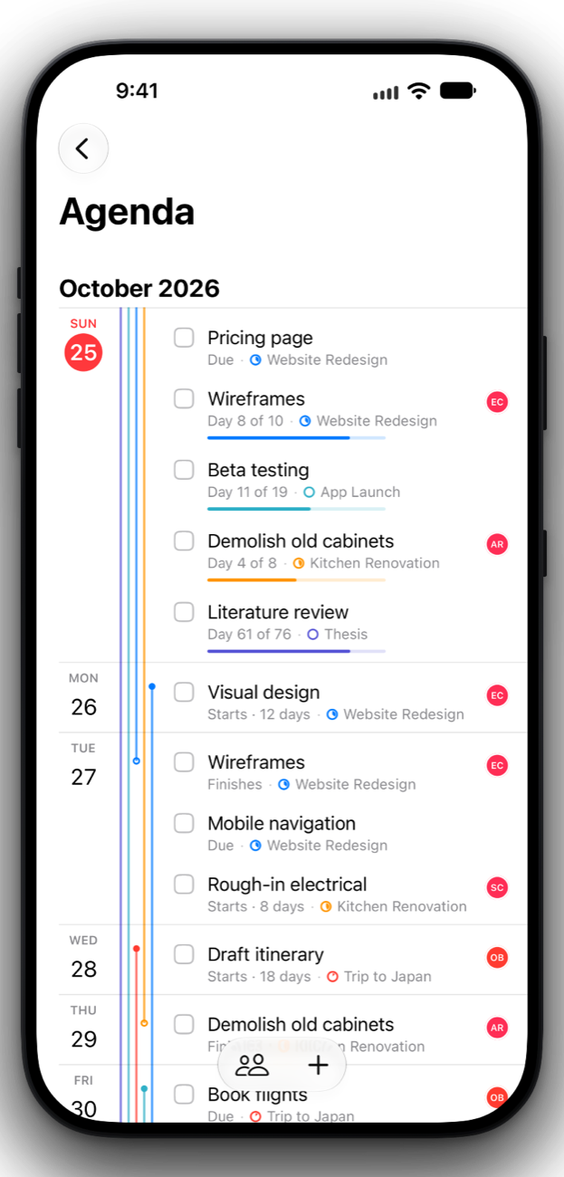 The Projects agenda on iPhone