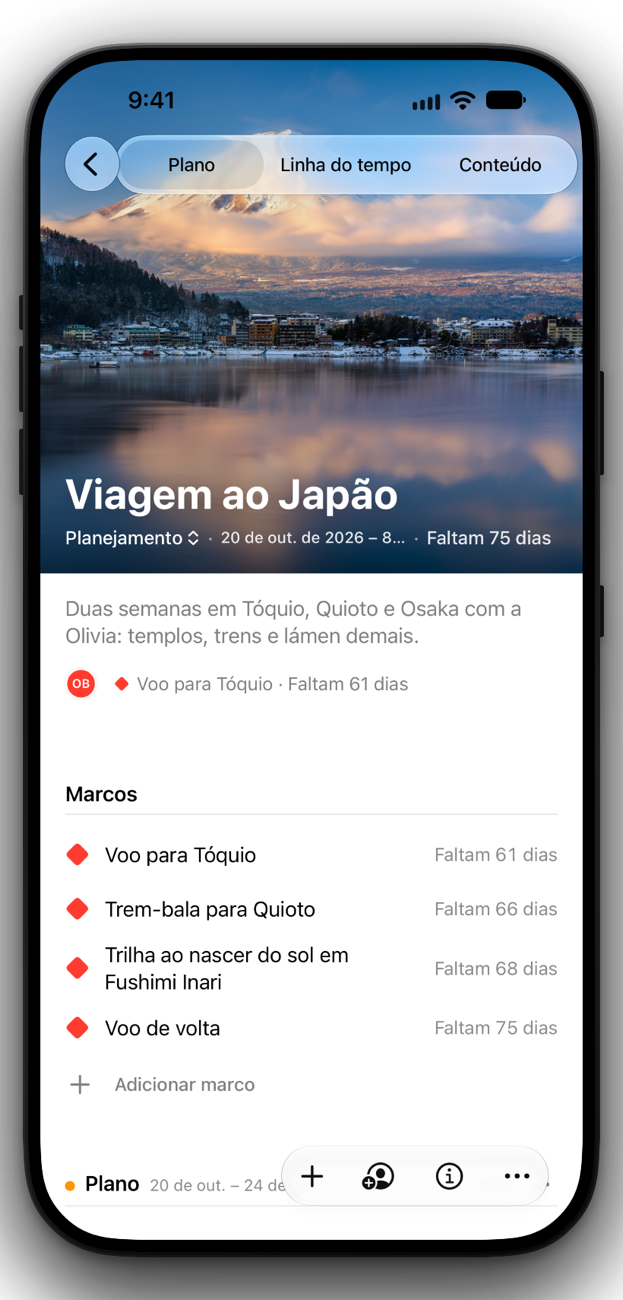 A página do projeto “Viagem ao Japão” no iPhone