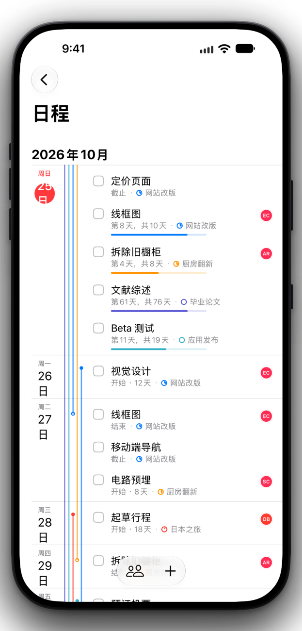 iPhone 上的 Projects 日程