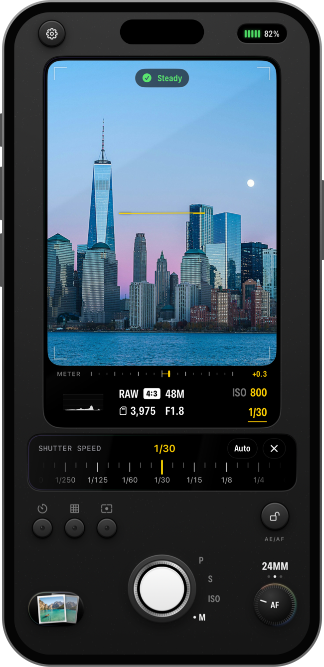 A slow shutter speed with the steadiness check over a skyline